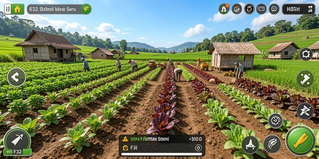 Antarmuka F32 menampilkan berbagai tanaman dan kebun yang indah.