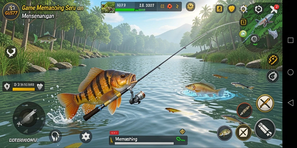 Antarmuka menarik dari game GUS77 yang menampilkan aksi memancing.